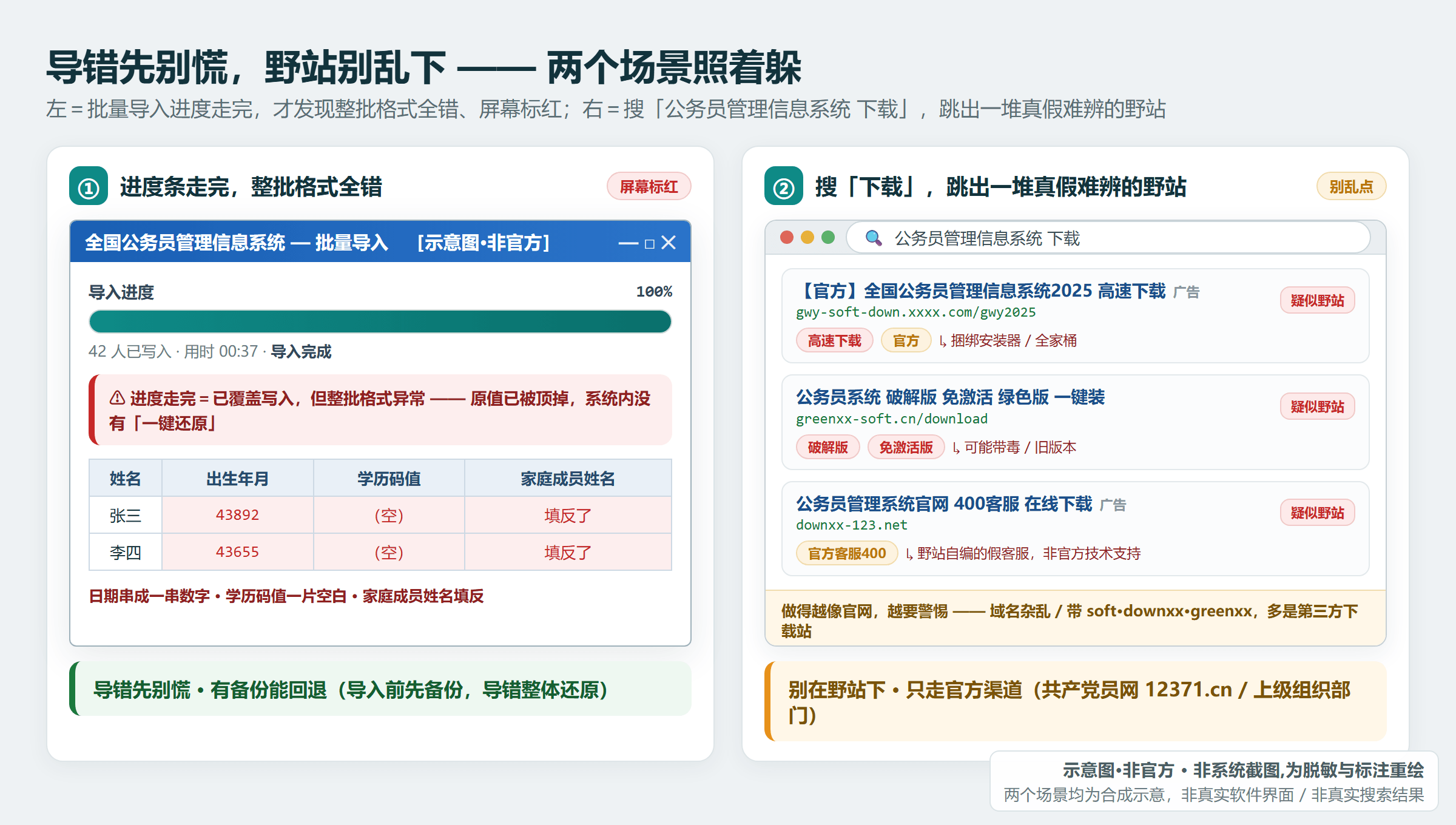 导入进度走完却发现整批数据格式全错——有导入前备份就能一键回退（示意·非官方，无个人信息）