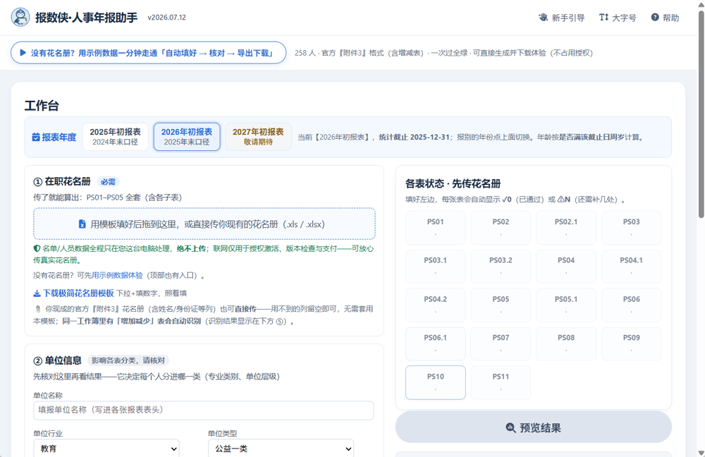 报数侠·人事年报助手工作台整体界面：顶部选报表年度，左侧①上传在职花名册、②填单位信息，右侧「各表状态」列出 PS01–PS11 各表填好没，底部「预览结果」