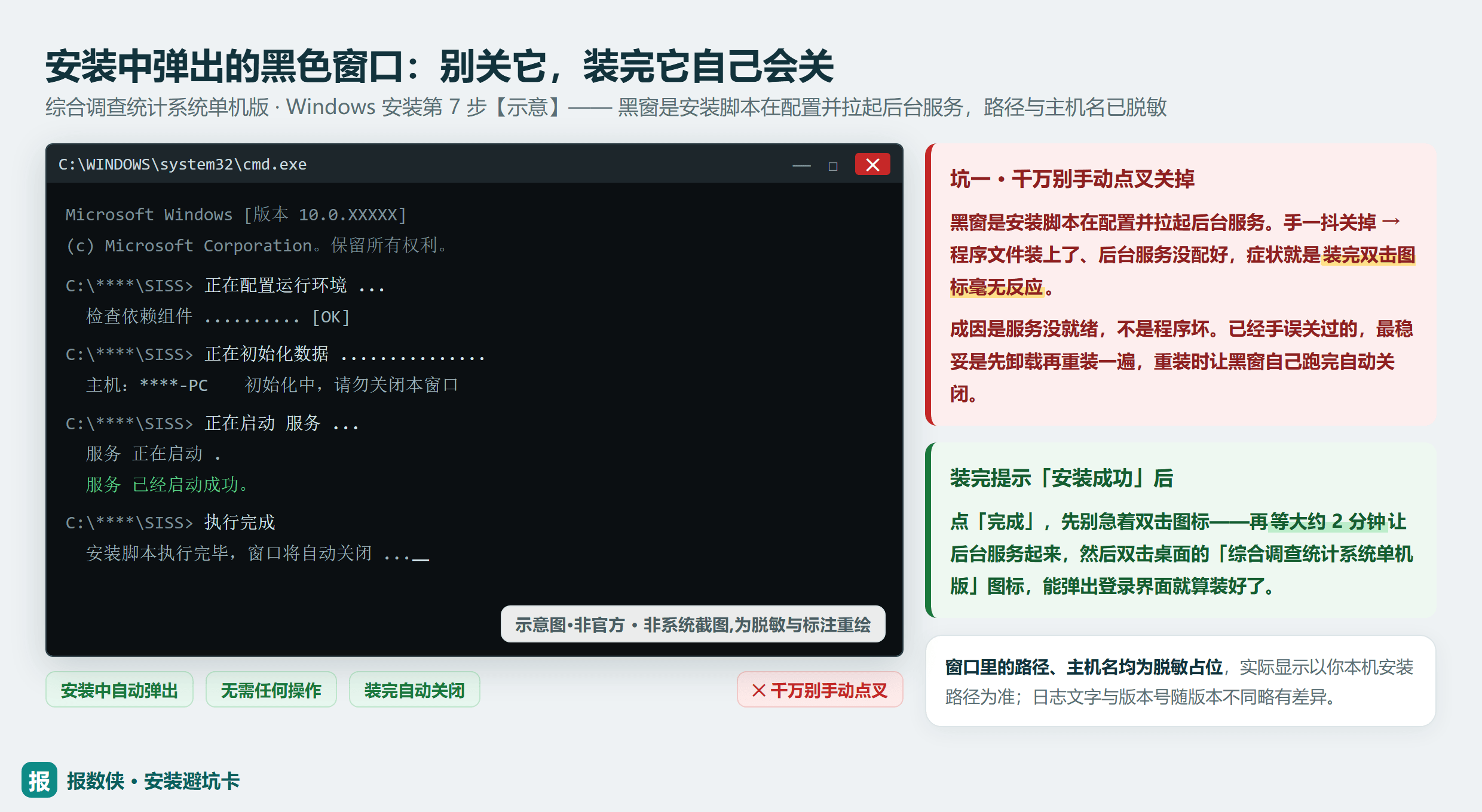 安装过程中自动弹出的黑色命令行窗口：系统在初始化并启动后台服务，装完会自动关闭，千万别手动关掉（示意·非官方）