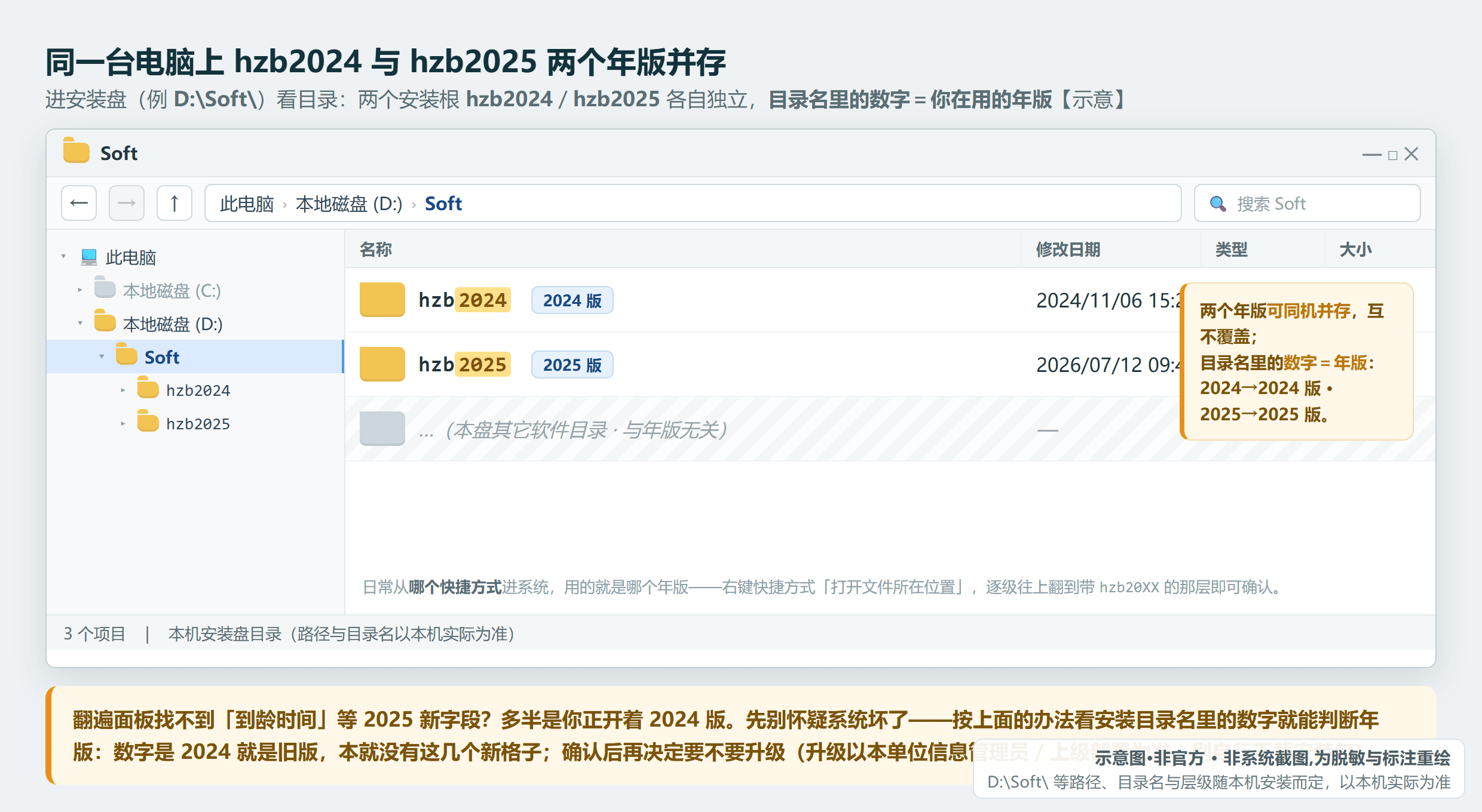 同一台电脑上 hzb2024 与 hzb2025 两个年版安装目录并存,看目录名数字判断在用哪版(示意·非官方,路径以本机为准)