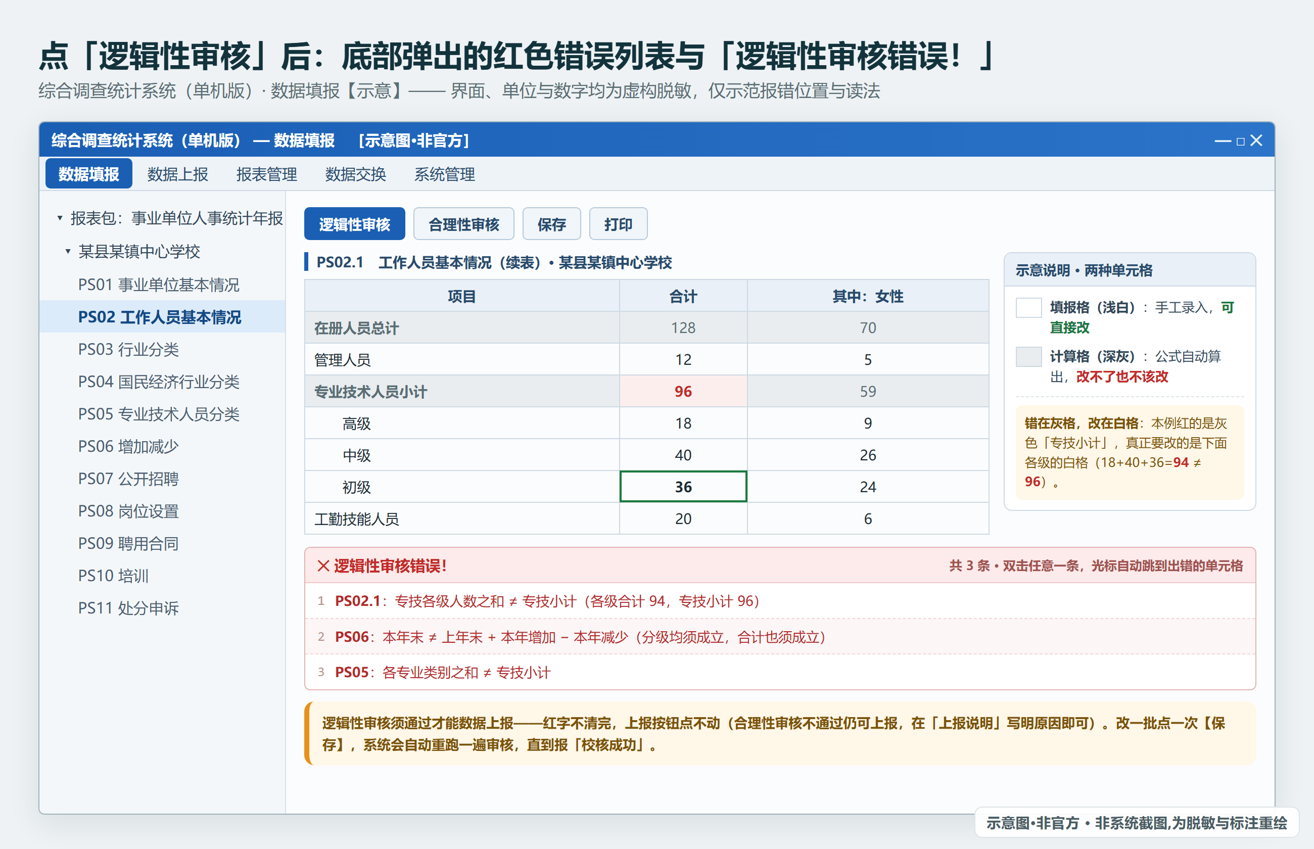 导入后点【保存】才会触发逻辑性审核，系统随即弹出审核结果提示（示意·非官方，数字虚构）