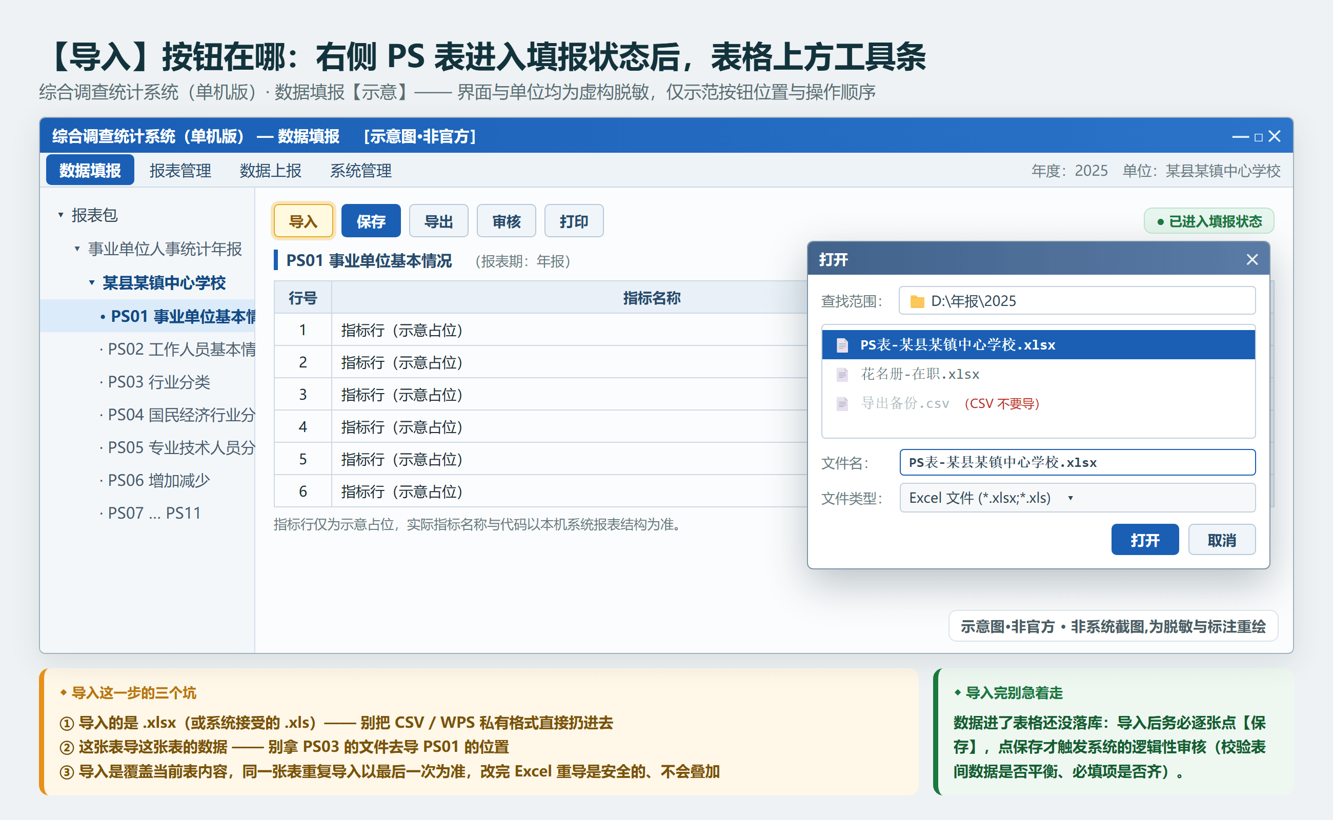 PS 表进入填报状态后，右侧填报区工具条上的【导入】按钮与选 .xlsx 的文件选择框（示意·非官方，单位与文件名虚构）