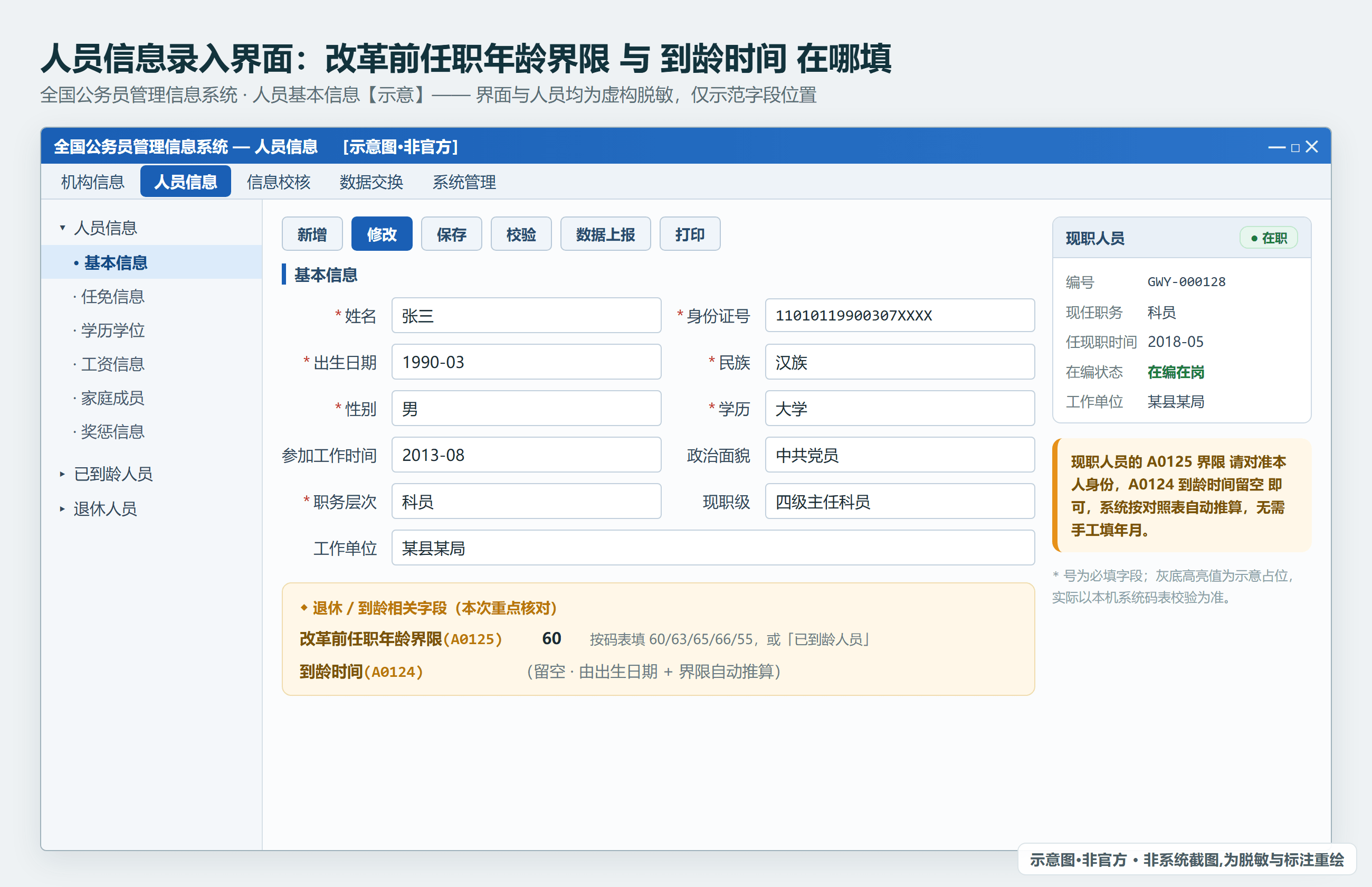 全国公务员管理信息系统 人员基本信息录入界面：学历/民族/政治面貌等字段各挂一张码表（示意·非官方，人员虚构脱敏）