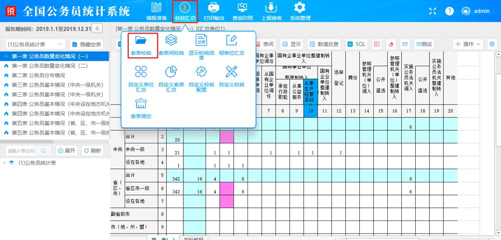 公务员统计系统主界面，顶部【校核汇总】菜单展开：套表校核 / 套表间校核 / 显示校核结果 / 根单位汇总 / 自定义校核 / 套表清空等；下方报表里紫色格即「表间校核未通过」的单元格
