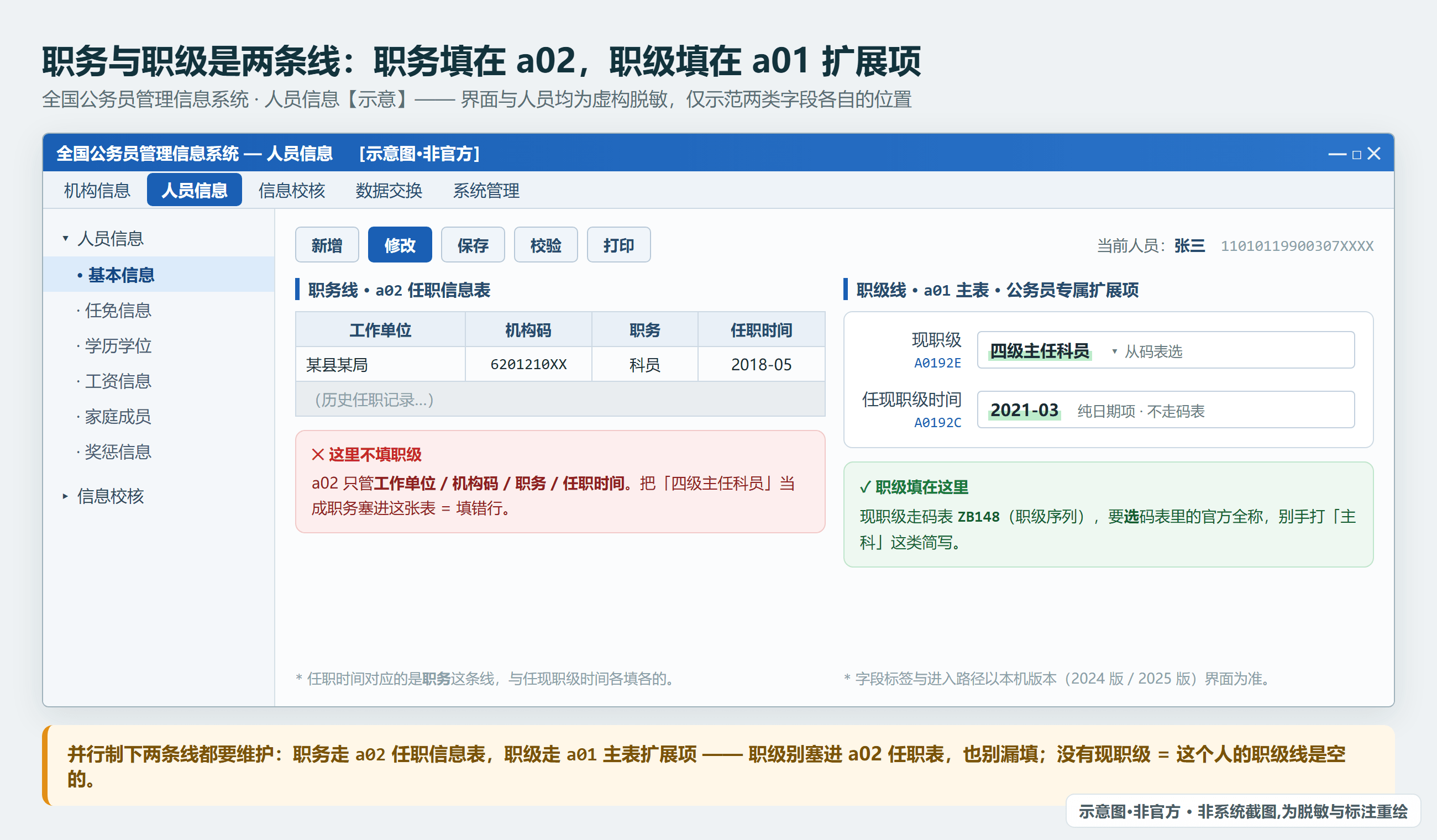 职务线落在任职信息表、职级线（现职级）落在人员基本信息主表的公务员专属扩展项，两条线各归各位（示意·非官方）