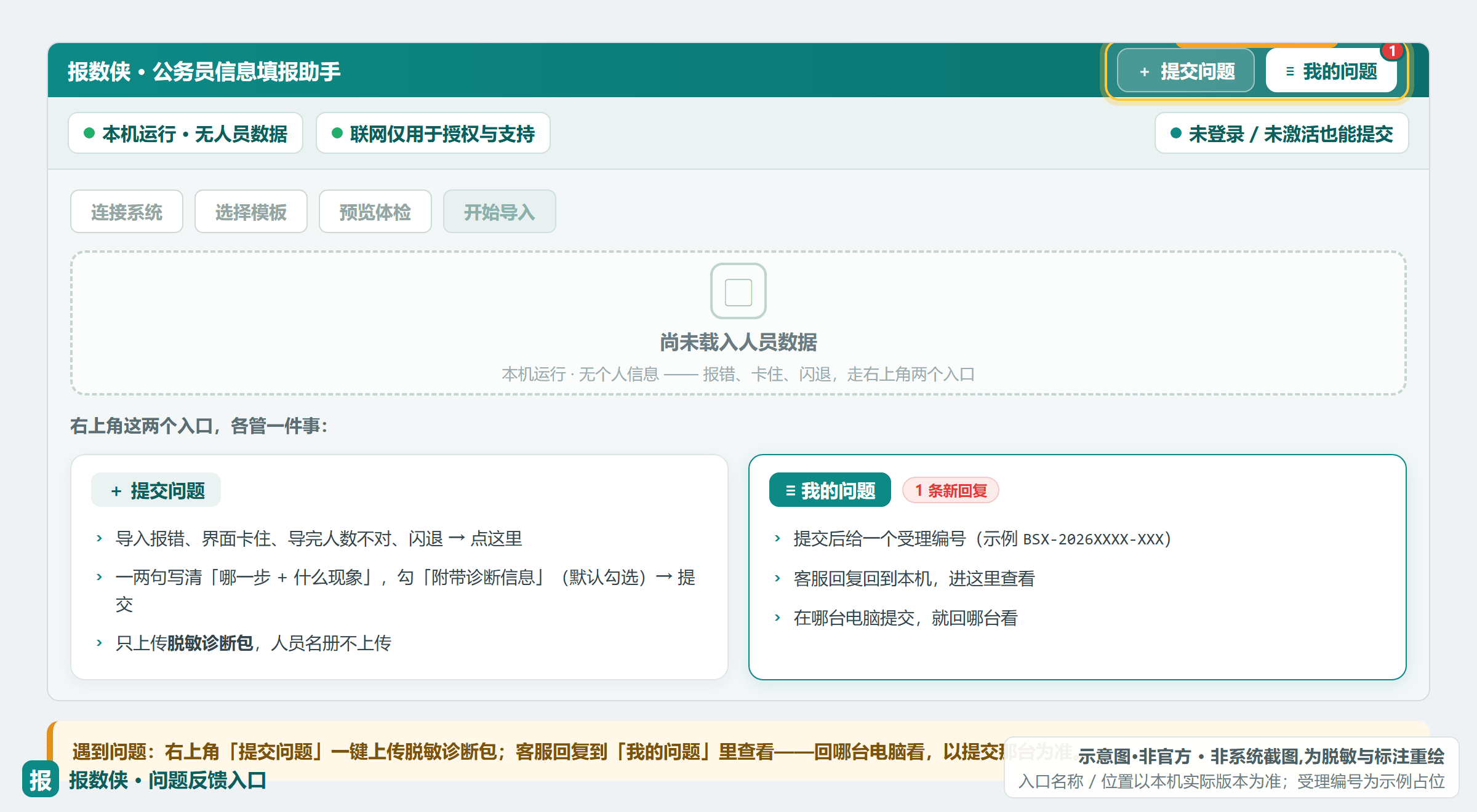 报数侠主界面右上角「提交问题 / 我的问题」入口（示意·非官方）